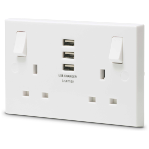 Socket, Switched 2 Gang SP c/w 3xUSB, Charger Square Edge