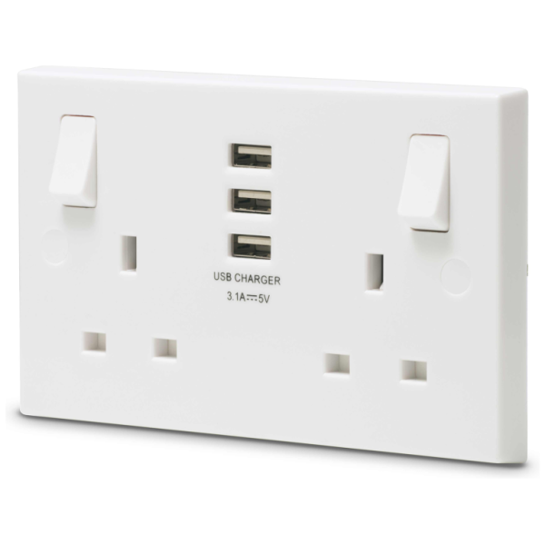 Socket, Switched 2 Gang SP c/w 3xUSB, Charger Square Edge