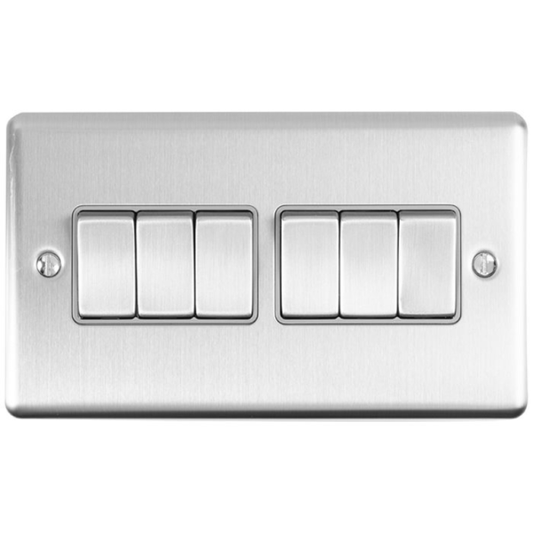 Eurolite Brushed Chrome 6 Gang 2 Way Switch Grey Insert