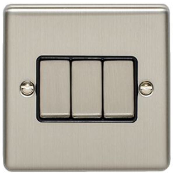 Eurolite Brushed Chrome 3 Gang 2 Way Switch Black Insert