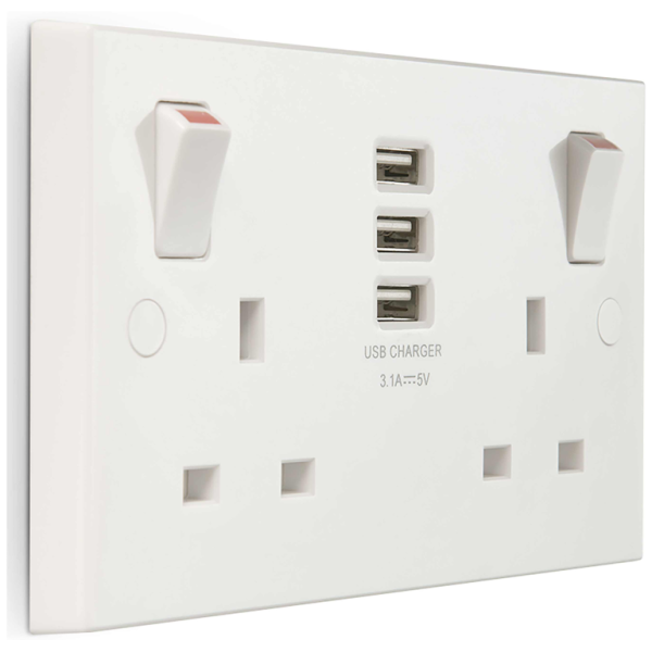 Socket, Switched 2 Gang SP c/w 3xUSB, Charger Square Edge - Image 3