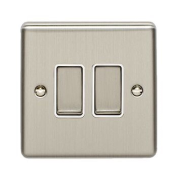 Eurolite Brushed Chrome 2 Gang 2 Way Switch White Insert