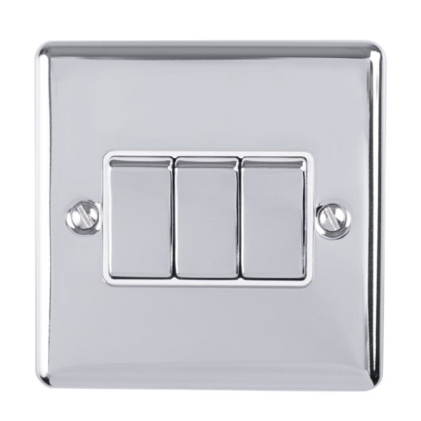 Eurolite Polished Chrome 3 Gang 2 Way Switch White Insert