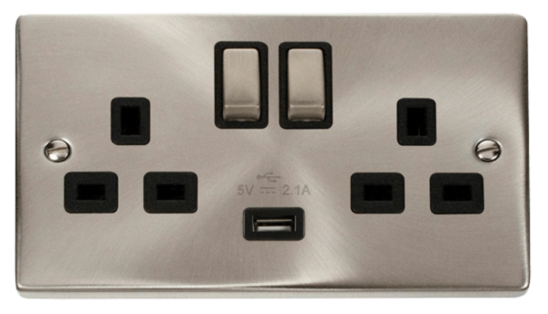 Click Deco Satin Chrome 2 Gang 13A DP USB Switched Socket