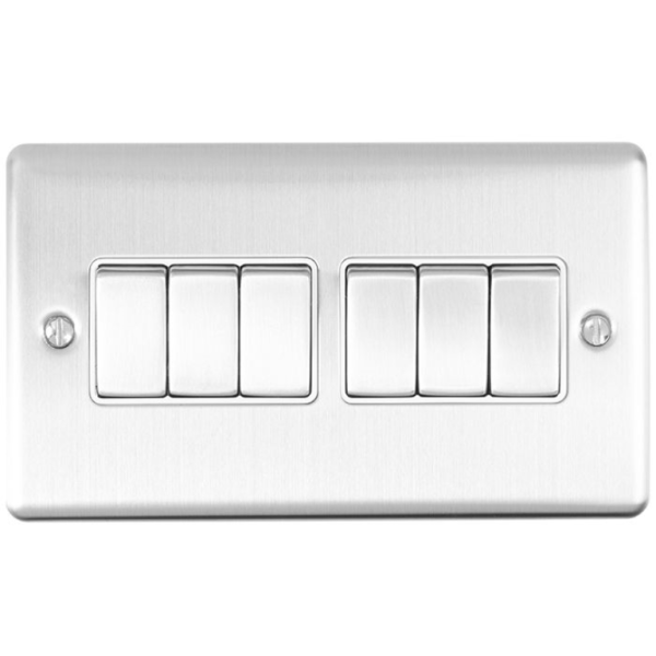 Eurolite Brushed Chrome 6 Gang 2 Way Switch White Insert