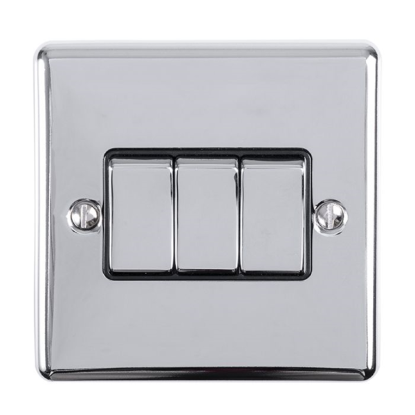 Eurolite Polished Chrome 3 Gang 2 Way Switch Black Insert