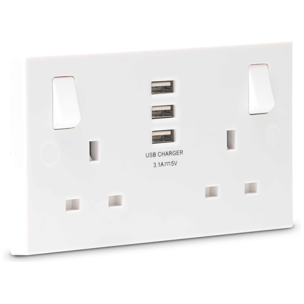 Socket, Switched 2 Gang SP c/w 3xUSB, Charger Square Edge - Image 2