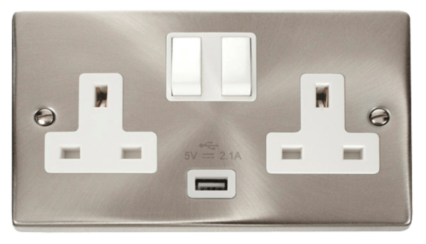 Click Deco Satin Chrome 2 Gang 13A DP USB Switched Socket