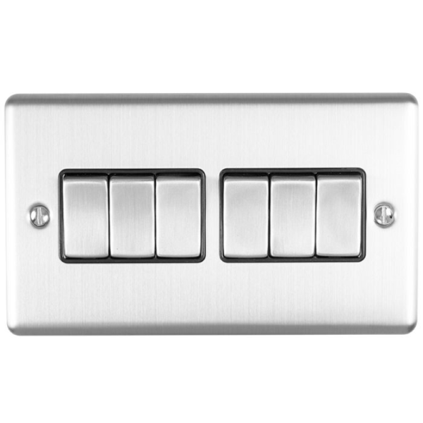 Eurolite Brushed Chrome 6 Gang 2 Way Switch Black Insert