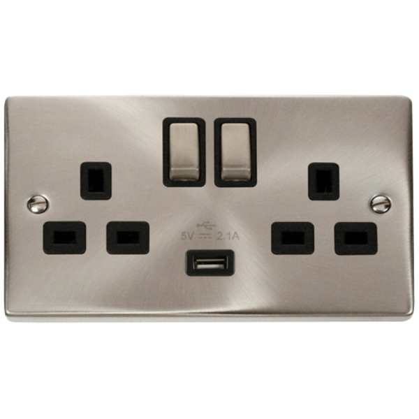 Click Deco Satin Chrome 2 Gang 13A DP USB Switched Socket