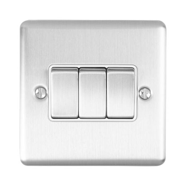 Eurolite Brushed Chrome 3 Gang 2 Way Switch White Insert