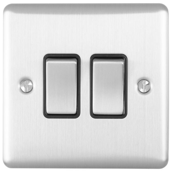 Eurolite Brushed Chrome 2 Gang 2 Way Switch Black Insert