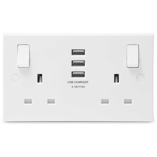 Socket, Switched 2 Gang SP c/w 3xUSB, Charger Square Edge - Image 5