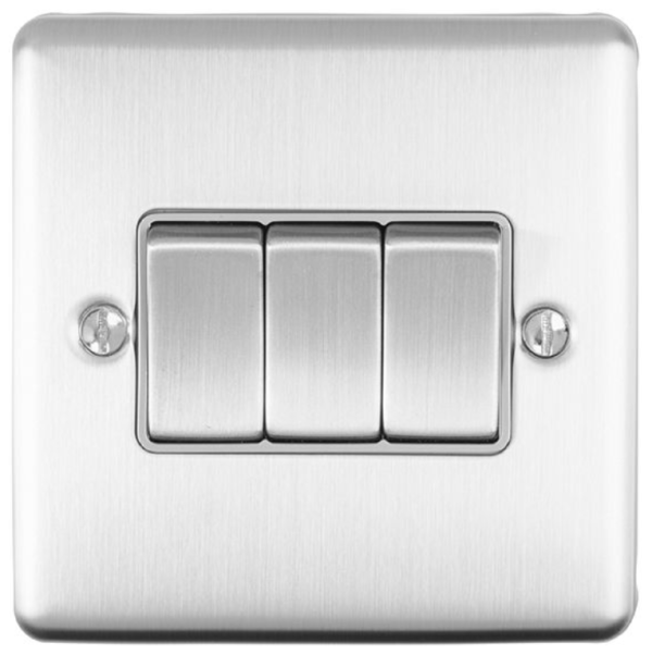 Eurolite Brushed Chrome 3 Gang 2 Way Switch Grey Insert