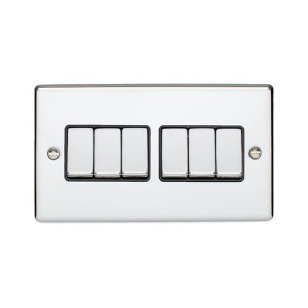 Eurolite Polished Chrome 6 Gang 2 Way Switch Black Insert